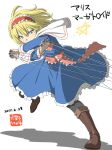  1girl action alice_margatroid blue_dress blue_eyes boots capelet dress inuno_rakugaki light_trail puppet_rings puppet_strings short_hair solo touhou 