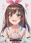  1girl :d a.i._channel arm_warmers bangs black_ribbon blush bow brown_hair close-up collarbone eyebrows_visible_through_hair grey_background hair_bow hairband heart heart_hands kizuna_ai lace-trimmed_sleeves long_hair looking_at_viewer multicolored_hair open_mouth own_hands_together pink_bow pink_hair ribbon sailor_collar sidelocks simple_background smile solo streaked_hair striped striped_ribbon teeth torakun14 upper_body 