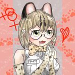  animal_ears bow bowtie cat_ears commentary_request drooling fang glasses gloves green_eyes highres kemono_friends margay_(kemono_friends) margay_ears sleeveless spotted_hair 