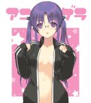  1girl bangs black_jacket breasts dasoku_sentarou glasses hair_ornament jacket long_hair long_sleeves looking_at_viewer medium_breasts naked_track_jacket navel no_shirt open_clothes open_jacket open_mouth original purple_background purple_hair solo standing star starry_background track_jacket twintails upper_body violet_eyes 