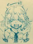  &gt;:o 1girl :o bangs blush breasts clenched_hands commentary_request efukei eyebrows_visible_through_hair face hair_between_eyes highres long_sleeves looking_at_viewer mizuhashi_parsee monochrome open_mouth pointy_ears short_hair solo tears touhou traditional_media upper_body 