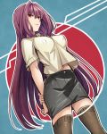  1girl arms_behind_back breasts brown_legwear fate/grand_order fate_(series) hand_on_own_arm highres large_breasts long_hair looking_at_viewer miniskirt navel no_bra parted_lips pencil_skirt purple_hair red_eyes scathach_(fate/grand_order) shimo_(s_kaminaka) shirt skirt smile solo t-shirt taut_skirt thigh-highs very_long_hair zettai_ryouiki 