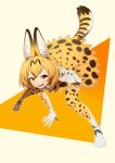  1girl :d animal_ears animal_print ankle_boots bangs bare_shoulders blonde_hair boots bow bowtie breasts brown_dress brown_gloves cat_ears cat_tail dress elbow_gloves fangs full_body gloves hand_up high-waist_skirt highres kemono_friends legs_apart looking_at_viewer medium_breasts open_mouth serval_(kemono_friends) serval_ears serval_print serval_tail shirt short_dress short_hair skirt sleeveless sleeveless_shirt smile solo squatting sumino_akasuke tail teeth thigh-highs white_boots white_gloves white_shirt yellow_eyes 