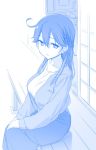  1girl ahoge blouse blue breasts himura_kiseki kantai_collection large_breasts long_hair long_skirt looking_at_viewer monochrome sitting skirt solo ushio_(kantai_collection) 