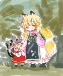  2girls animal_ears ankle_cuffs black_shorts blonde_hair blush brown_hair cat_ears cat_tail chen closed_eyes dress eating fox_ears fox_tail happy height_difference highres komaku_juushoku long_sleeves multiple_girls multiple_tails pink_dress red_dress short_hair shorts smile tabard tail touhou yakumo_ran younger |3 