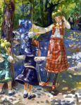  amibazh antennae blonde_hair blue_hair blurry blush bow cape carrying cirno closed_eyes commentary daiyousei dappled_sunlight depth_of_field faux_traditional_media fine_art_parody green_eyes green_hair hair_bow ice ice_wings kazami_yuuka long_hair looking_at_another mystia_lorelei open_mouth parody path pierre-auguste_renoir pink_hair plaid playing pointing road rumia short_hair shoulder_carry side_ponytail size_difference skirt skirt_set smile standing_on_swing sunlight swing team_9 tree vest wings wriggle_nightbug 