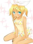  1girl amane_(amnk1213) aqua_eyes bikini blonde_hair blue_eyes bow breasts food food_in_mouth frilled_bikini frills hair_bow hair_ornament hairclip kagamine_rin kneeling looking_at_viewer looking_up mouth_hold navel one-piece_tan polka_dot polka_dot_bikini popsicle short_hair short_twintails sitting sketch small_breasts solo sparkle_background swimsuit tan tanline twintails vocaloid wariza 