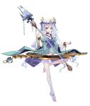  1girl anklet barefoot blue_eys dress fish full_body hair_ribbon highres holding holding_weapon jewelry long_hair looking_at_viewer one_leg_raised open_mouth polearm purple_ribbon ribbon silver_hair simple_background solo very_long_hair weapon white_background 