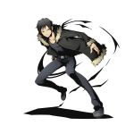  1boy belt black_hair black_shirt brown_eyes coat divine_gate durarara!! full_body jewelry looking_at_viewer official_art one_leg_raised orihara_izaya ring shadow shirt smile solo transparent_background ucmm 