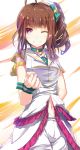  1girl ahoge arm_behind_back blush brown_hair collar commentary_request hair_ornament highres idolmaster idolmaster_million_live! long_hair looking_at_viewer navel one_eye_closed ro_risu scrunchie side_ponytail smile solo violet_eyes wristband yokoyama_nao 
