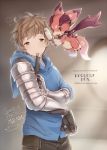  1boy blurry character_name copyright_name dragon dressing fighter_(granblue_fantasy) gauntlets gran_(granblue_fantasy) granblue_fantasy hair_brush hair_brushing hood hoodie male_focus mouth_hold sleepy solo vee_(granblue_fantasy) 