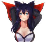  1girl ahri alternate_costume animal_ears arms_behind_back black_hair blue_eyes breasts cleavage collarbone facial_mark fox_ears hanato_(seonoaiko) large_breasts league_of_legends long_hair simple_background slit_pupils solo whisker_markings white_background 