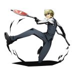  1boy blonde_hair clenched_teeth divine_gate durarara!! full_body heiwajima_shizuo holding official_art shadow solo sunglasses teeth transparent_background ucmm uniform 