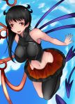  1girl aoshima asymmetrical_wings black_hair blue_sky cross_eyed floating highres houjuu_nue looking_at_viewer red_eyes short_hair sky solo touhou wings 