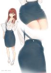  1girl alternate_costume ama_mitsuki bangs blouse blue_skirt brown_eyes brown_hair casual collarbone commentary_request dated hair_over_shoulder kantai_collection lips long_hair looking_to_the_side mary_janes miniskirt multiple_views ooi_(kantai_collection) parted_lips pencil_skirt shoes skirt swept_bangs white_blouse white_legwear 