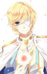  1boy artist_name asora_w_asfj bandage blonde_hair capelet eyepatch flower gloves green_eyes highres male_focus oscar_dragonia petals portrait simple_background solo tales_of_(series) tales_of_berseria white_background 