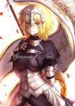  1girl armor armored_dress bangs blonde_hair blue_eyes blurry braid breasts capelet chains character_name cleavage closed_mouth cursive depth_of_field eyebrows_visible_through_hair fate/apocrypha fate_(series) faulds flag gankami gauntlets hair_between_eyes hand_on_own_chest headpiece large_breasts long_hair looking_at_viewer petals ruler_(fate/apocrypha) simple_background single_braid smile solo standard_bearer very_long_hair white_background 