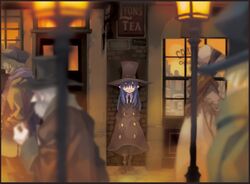  1girl black_hair glasses hat highres hitsugi_katsugi_no_kuro kiyuzuki_satoko kuro_(hitsugi_katsugi_no_kuro) lamppost long_hair necktie official_art pointy_ears red_eyes round_glasses storefront trench_coat 