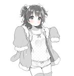  1girl akagi_miria blush bow chemise coat hair_bow idolmaster idolmaster_cinderella_girls looking_at_viewer monochrome short_hair simple_background sketch solo spot_color thigh-highs twintails two_side_up white_background yazawa_oke 