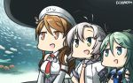  3girls aquarium brown_hair commentary dated detached_sleeves green_eyes green_hair hair_between_eyes hamu_koutarou headdress highres kantai_collection kinugasa_(kantai_collection) littorio_(kantai_collection) long_hair multiple_girls necktie open_mouth pink_hair ponytail school_uniform serafuku shirt short_twintails sleeveless sleeveless_shirt twintails wavy_hair yamakaze_(kantai_collection) 