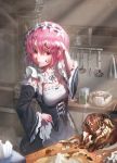  1girl blurry bowl cake chocolate chocolate_cake chocolate_syrup closed_mouth commentary cutting_board depth_of_field detached_sleeves food food_on_face hair_between_eyes hand_in_hair hand_on_hip highres kitchen ladle long_sleeves maid maid_headdress mixing_bowl peachpa pink_hair plate ram_(re:zero) re:zero_kara_hajimeru_isekai_seikatsu red_eyes ribbon-trimmed_clothes ribbon_trim short_hair solo spoon tissue tissue_box tongs wide_sleeves 