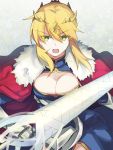  1girl armor armored_dress artoria_pendragon_lancer_(fate/grand_order) blonde_hair blush breasts cape cleavage crown dress fate/grand_order fate_(series) gloves green_eyes holding holding_weapon lance large_breasts long_hair looking_at_viewer no_bra polearm saber shiny shiny_clothes shiny_hair sky smile upper_body weapon 