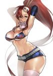  1girl absurdres armpits arms_behind_head arms_up breasts brown_eyes chopsticks cleavage curvy high_ponytail highres large_breasts long_hair looking_at_viewer medium_breasts ponytail redhead smile solo tengen_toppa_gurren_lagann thick_thighs thighs toned very_long_hair wide_hips yoko_littner yomu_(sgt_epper) 