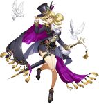  ascot bangs bird black_headwear blonde_hair brenda_(langrisser) brown_eyes cape closed_mouth closed_umbrella facial_mark frilled_sleeves frills full_body grey_cape grey_skirt hair_between_eyes hat high_heels highres holding holding_umbrella langrisser langrisser_v long_hair long_sleeves looking_at_viewer miniskirt official_art pencil_skirt ponytail purple_lips shiny shiny_hair shirt side_slit skirt smile solo standing standing_on_one_leg thigh_strap transparent_background umbrella white_neckwear white_shirt 