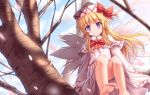  1girl bangs barefoot blonde_hair blurry blush bow bowtie capelet cherry_blossoms convenient_leg day depth_of_field dress fairy_wings hat hat_bow in_tree lily_white long_hair long_sleeves looking_at_viewer lzh petals red_bow red_bowtie sidelocks sitting sitting_in_tree smile solo touhou tree violet_eyes white_dress wings 