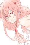  1girl bare_shoulders breasts guilty_crown hair_ornament hairclip half-closed_eyes hewa highres long_hair looking_at_viewer medium_breasts nude pink_hair red_eyes simple_background smile solo twintails upper_body white_background yuzuriha_inori 