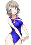  1girl blue_eyes blue_swimsuit blush breasts brown_hair competition_swimsuit cowboy_shot glasses grey_hair highres interlocked_fingers looking_at_viewer love_live! love_live!_sunshine!! medium_breasts one-piece_swimsuit open_mouth rozen5 short_hair smile solo swimsuit watanabe_you wet wet_clothes wet_hair wet_swimsuit 