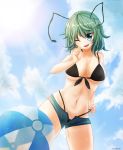  1girl ;d absurdres antennae arm_at_side artist_name ball beachball bikini bikini_under_clothes black_bikini blue_eyes blue_sky breasts clouds cloudy_sky collarbone cowboy_hat erect_nipples eyebrows_visible_through_hair front-tie_bikini front-tie_top green_hair hair_between_eyes hand_up hat head_tilt highres kneeling lens_flare looking_at_viewer medium_breasts navel one_eye_closed open_mouth outdoors sanzuri see-through short_shorts shorts skindentation sky smile solo stomach sunlight sweat swimsuit thong thong_bikini touhou unbuttoned under_boob wriggle_nightbug 
