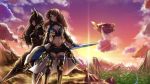  2girls airship armor bangs beatrix_(granblue_fantasy) black_dress black_hair blurry blush breasts brown_eyes brown_hair cleavage cleavage_cutout clouds cowboy_shot depth_of_field dress forte_(shingeki_no_bahamut) gauntlets granblue_fantasy greaves greenopi highres holding holding_sword holding_weapon horns lance large_breasts long_hair looking_at_viewer multiple_girls navel polearm red_eyes short_shorts shorts smile standing stomach sunlight sunset sword turtleneck waist_cape weapon 