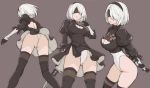  1girl ass black_dress black_gloves black_legwear blindfold boots breasts cleavage cleavage_cutout dress gloves hairband large_breasts leotard leotard_shot long_sleeves mole mole_under_mouth morisawa_haruyuki nier_(series) nier_automata puffy_sleeves short_hair silver_hair simple_background sketch solo sword thigh-highs thigh_boots weapon white_hair white_leotard yorha_no._2_type_b 