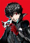  1boy black_hair curly_hair gloves kurusu_akira looking_at_viewer male_focus mask nanaya_(daaijianglin) persona persona_5 red_eyes short_hair simple_background smile solo 