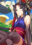  1girl bare_shoulders black_hair black_legwear blue_eyes breasts cosplay fate/grand_order fate_(series) highres katana long_hair looking_at_viewer miyamoto_musashi_(fate/grand_order) miyamoto_musashi_(fate/grand_order)_(cosplay) p!nta sheath sheathed side_ponytail sitting solo sword thigh-highs ushiwakamaru_(fate/grand_order) weapon 