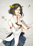  1girl black_hair detached_sleeves glasses grey_background kantai_collection kirishima_(kantai_collection) ky_(adioos) nontraditional_miko semi-rimless_glasses short_hair sketch skirt solo under-rim_glasses wide_sleeves 