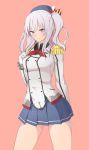  1girl arm_behind_back blush breasts epaulettes gloves grey_eyes grey_hair intirami kantai_collection kashima_(kantai_collection) lace-trimmed_sleeves medium_breasts pink_background smile solo thighs twintails white_gloves 