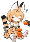  1girl animal_ears bare_shoulders blonde_hair bow bowtie cat_ears cat_tail closed_eyes commentary_request elbow_gloves food fruit gloves kagami_mochi kemono_friends mandarin_orange serval_(kemono_friends) serval_ears serval_print serval_tail short_hair sitting sleeping sleeveless solo sudo_shinren tail zzz 
