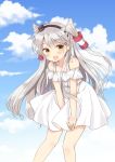  1girl :d amatsukaze_(kantai_collection) bangs bare_shoulders between_legs blue_sky clouds cloudy_sky dress eyebrows_visible_through_hair fang gradient gradient_background hair_tubes hairband hand_between_legs hand_on_own_thigh hand_on_thigh hat highres kantai_collection leaning_forward long_hair looking_at_viewer mini_hat off_shoulder open_mouth outdoors silver_hair sky smile solo swept_bangs tareme two_side_up white_dress yellow_eyes yoshikita_popuri 