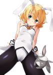  1girl absurdres animal_ears bare_shoulders black_legwear blonde_hair blush bunnysuit detached_collar fake_animal_ears gochuumon_wa_usagi_desu_ka? green_eyes hairband highres kirima_sharo leotard looking_at_viewer mousou_(mousou_temporary) pantyhose rabbit_ears simple_background solo white_background wild_geese wrist_cuffs 