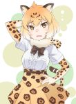  1girl animal_ears animal_print arm_behind_head belt black_bow blonde_hair bow cat_ears cat_tail e20 elbow_gloves eyebrows_visible_through_hair gloves gradient_hair hand_on_hip highres jaguar_(kemono_friends) jaguar_ears jaguar_print jaguar_tail kemono_friends looking_at_viewer multicolored_hair open_mouth shirt short_hair short_sleeves simple_background skirt solo standing tail white_shirt yellow_eyes 