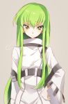  1girl artist_request blush bodysuit breasts c.c. code_geass green_hair long_hair looking_at_viewer medium_breasts solo straitjacket white_bodysuit yellow_eyes 