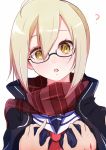  1girl ? ahoge bangs blonde_hair blush enelis fate/grand_order fate_(series) glasses groping hair_between_eyes hands heroine_x heroine_x_(alter) jacket looking_at_viewer open_mouth plaid plaid_scarf red_scarf saber sailor_collar scarf school_uniform semi-rimless_glasses serafuku solo track_jacket under-rim_glasses upper_body white_background yellow_eyes 