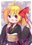  1girl :d ahoge blonde_hair bow commentary_request esureki fang finger_to_mouth floral_background hair_bow hair_ribbon highres index_finger_raised japanese_clothes kimono looking_at_viewer open_mouth red_eyes ribbon rumia smile solo touhou 