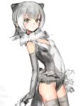  1girl :| animal_ears arms_at_sides bare_shoulders blush breasts closed_mouth collar commentary covered_navel cowboy_shot elbow_gloves expressionless eyebrows_visible_through_hair frilled_swimsuit frills from_side fur_collar gloves gradient_hair grey_eyes grey_gloves grey_hair grey_legwear grey_swimsuit kemono_friends looking_at_viewer multicolored_hair navel one-piece_swimsuit otter_(kemono_friends) otter_ears otter_tail ryuukeichi_andromeda sanpaku short_hair simple_background sketch small_breasts solo swimsuit tail thigh-highs tsurime two-tone_hair white_background white_hair 