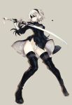  1girl black_legwear blindfold brown_background hairband highres jiyu2 katana leotard nier_(series) nier_automata short_hair simple_background solo sword thigh-highs thighs weapon white_hair yorha_no._2_type_b 