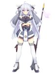  1girl ahoge breasts crossed_arms eyebrows_visible_through_hair full_body grey_eyes highres long_hair looking_at_viewer medium_breasts polearm silver_hair simple_background solo standing thigh-highs very_long_hair weapon white_background white_legwear 