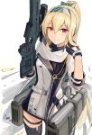  1girl bangs black_gloves black_thighhighs blonde_hair closed_mouth commentary english_commentary gamryous girls_frontline gloves gun hair_between_eyes hands_up highres holding holding_gun holding_weapon jacket long_hair long_sleeves looking_at_viewer mod3_(girls&#039;_frontline) name_connection object_namesake red_eyes simple_background smile smoke solo standing sv-98 sv-98_(girls&#039;_frontline) thigh-highs very_long_hair weapon white_background white_jacket 