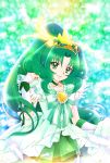  1girl aizen_(syoshiyuki) bow brooch closed_mouth cowboy_shot cure_march frills green green_choker green_eyes green_hair green_skirt halo highres jewelry light_particles light_smile long_hair looking_at_viewer magical_girl midorikawa_nao multicolored multicolored_background precure princess_form_(smile_precure!) skirt smile_precure! solo striped striped_bow tiara tri_tails wrist_cuffs 